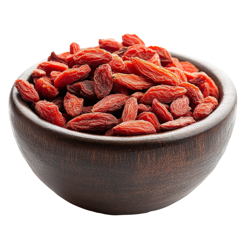 Dried goji berries in a rustic bowl against a clean transparent background showcasing their vibrant color and texture, dried goji berries in a bowl on transparent background png