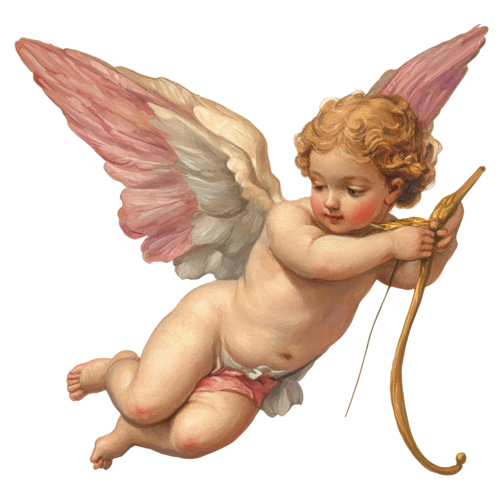Charming Cupid illustration in pastel oil paint effect, soaring gracefully with a bow and arrow, embodying love, Classic Cupid Illustration Pastel Oil Paint Effect, isolated on transparent background png