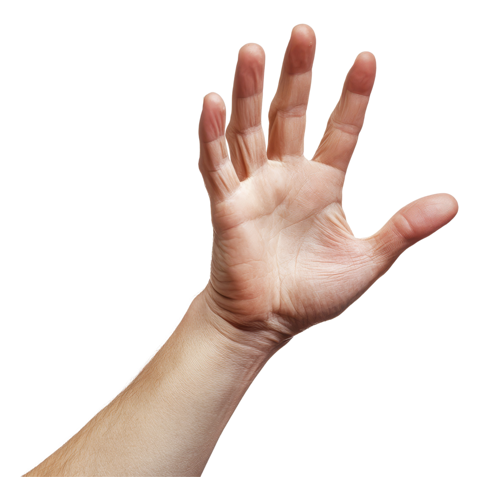 A human hand reaching out against a transparent background highlighting unique finger positions and skin texture, hand on transparent backgroundfile png