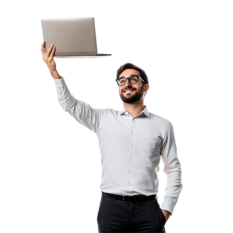 A man stands proudly in a classroom holding a laptop above his head while teaching students, a man teacher standing up while holding up a laptop, file of isolated object on transparent background png