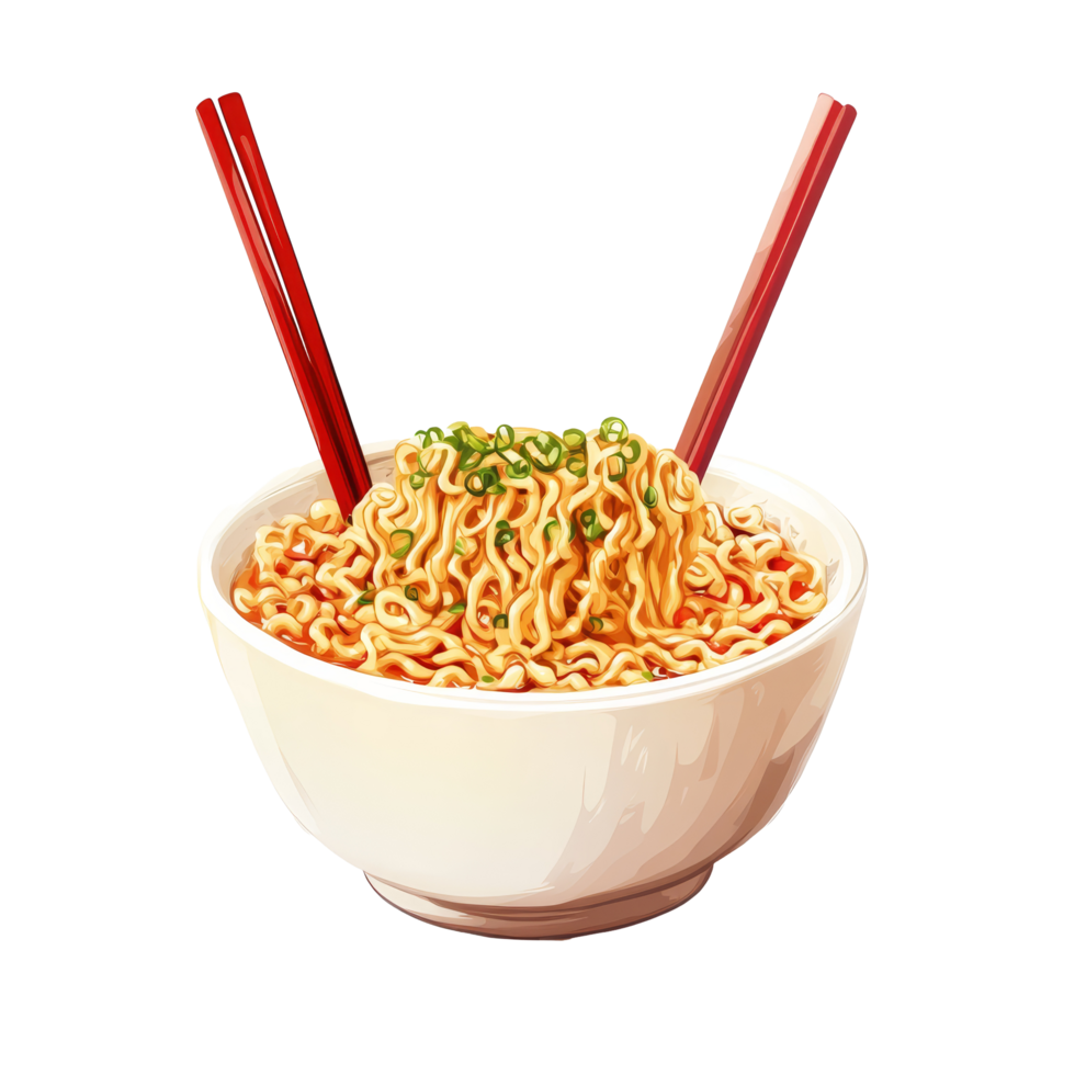 A delicious bowl of instant noodles topped with green onions and served with chopsticks on a transparent background, Instant noodles on transparent background png