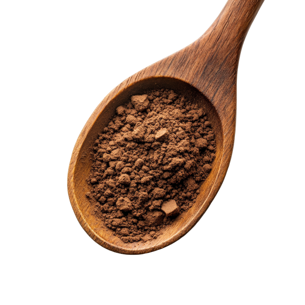 Wooden spoon filled with aromatic coffee powder on a clean transparent background, coffee powder in wood spoon on transparent background png