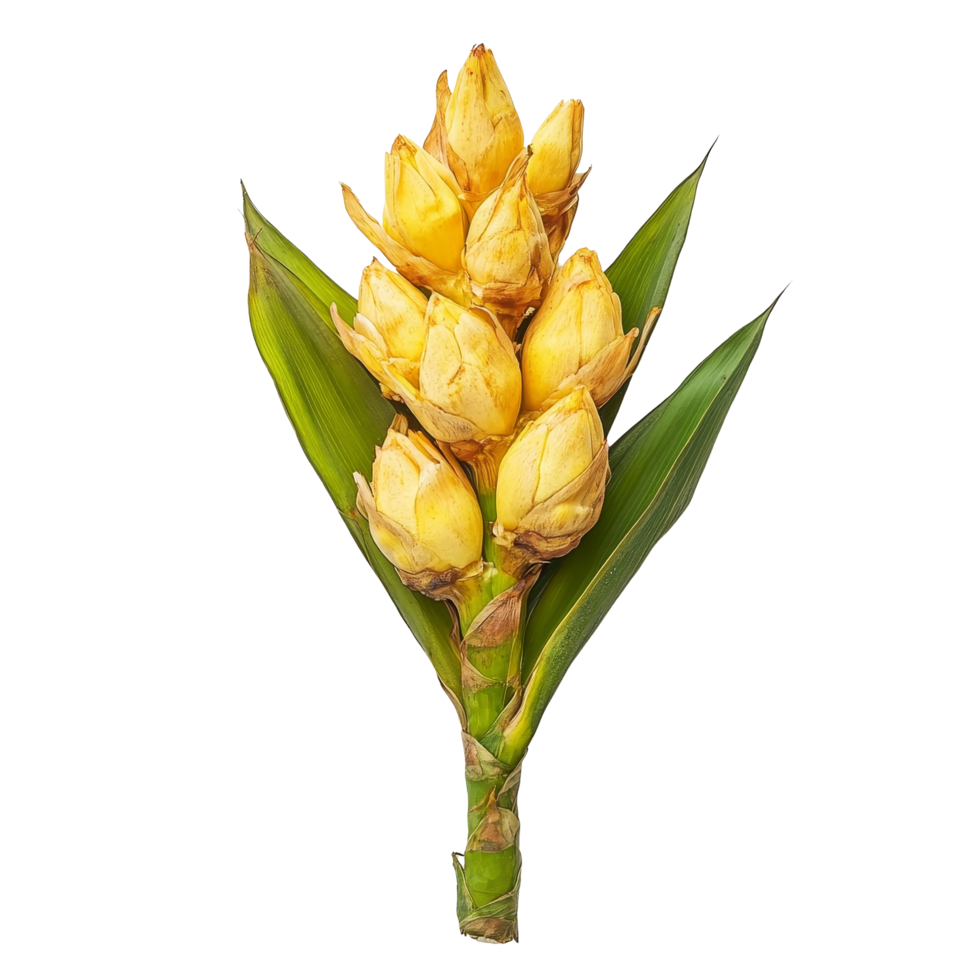 Curcuma latifolia Roscoe clusters with yellow flowers and green leaves on a bright transparent background showcasing natural beauty and elegance, Curcuma latifolia Roscoe on transparent background png