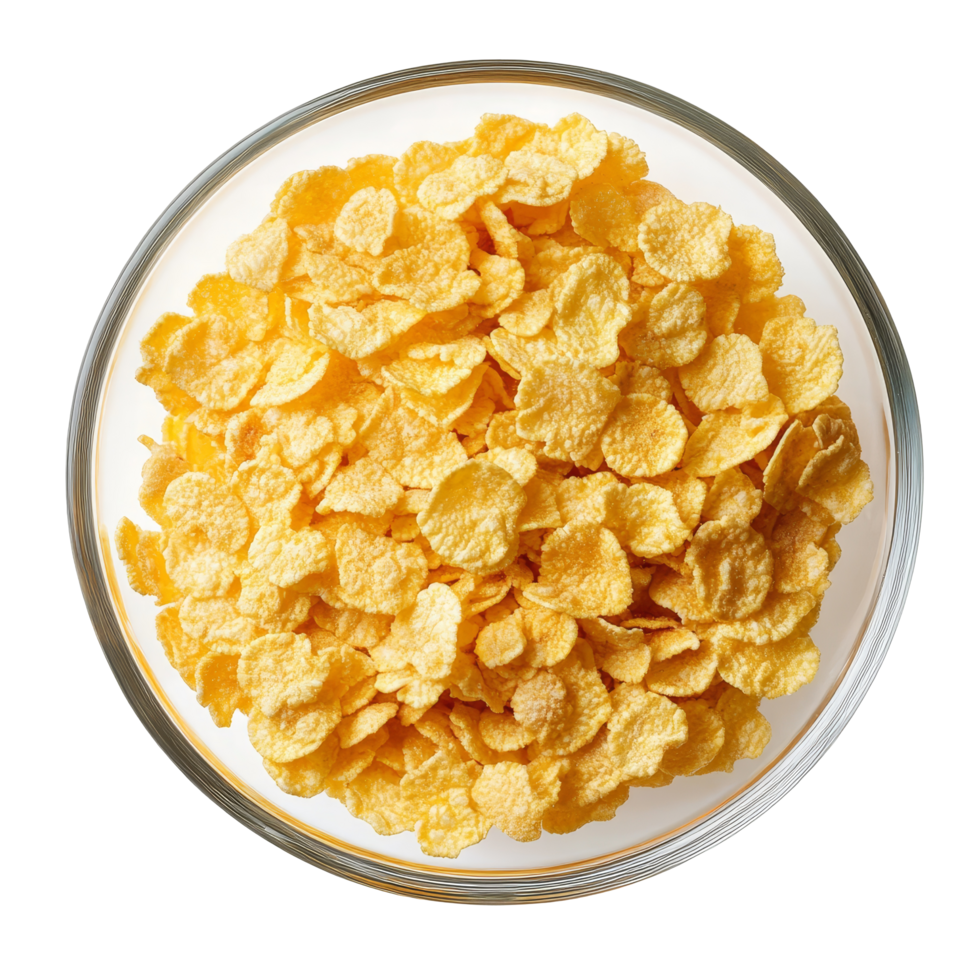 A bowl of corn flakes on a transparent background showcasing a simple breakfast option for a healthy start to the day, corn flakes in a bowl on transparent background png