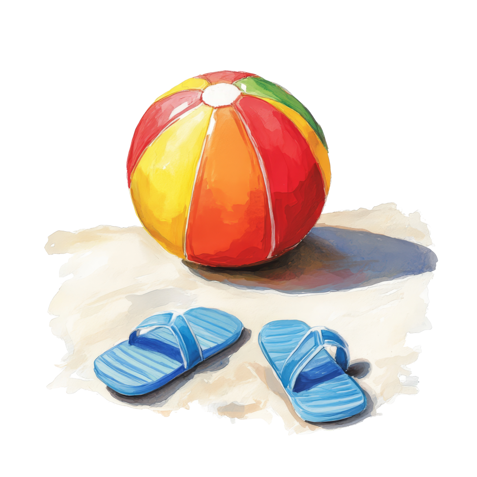 Colorful beach ball and blue flip flops ready for summer fun on a transparent background, Beach Ball and Flip Flops on transparent background png
