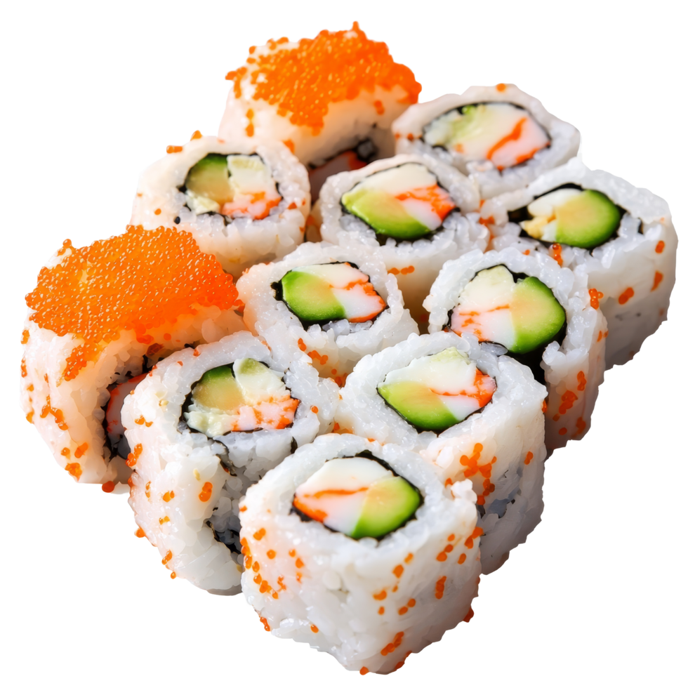 Delicious California sushi rolls featuring fresh ingredients and vibrant toppings for a perfect meal, Portion of california sushi rolls png
