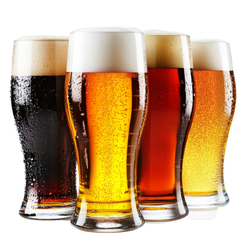 A variety of craft beers displayed in glasses on a transparent background for tasting and enjoyment, Multiple beers isolated on transparent background png