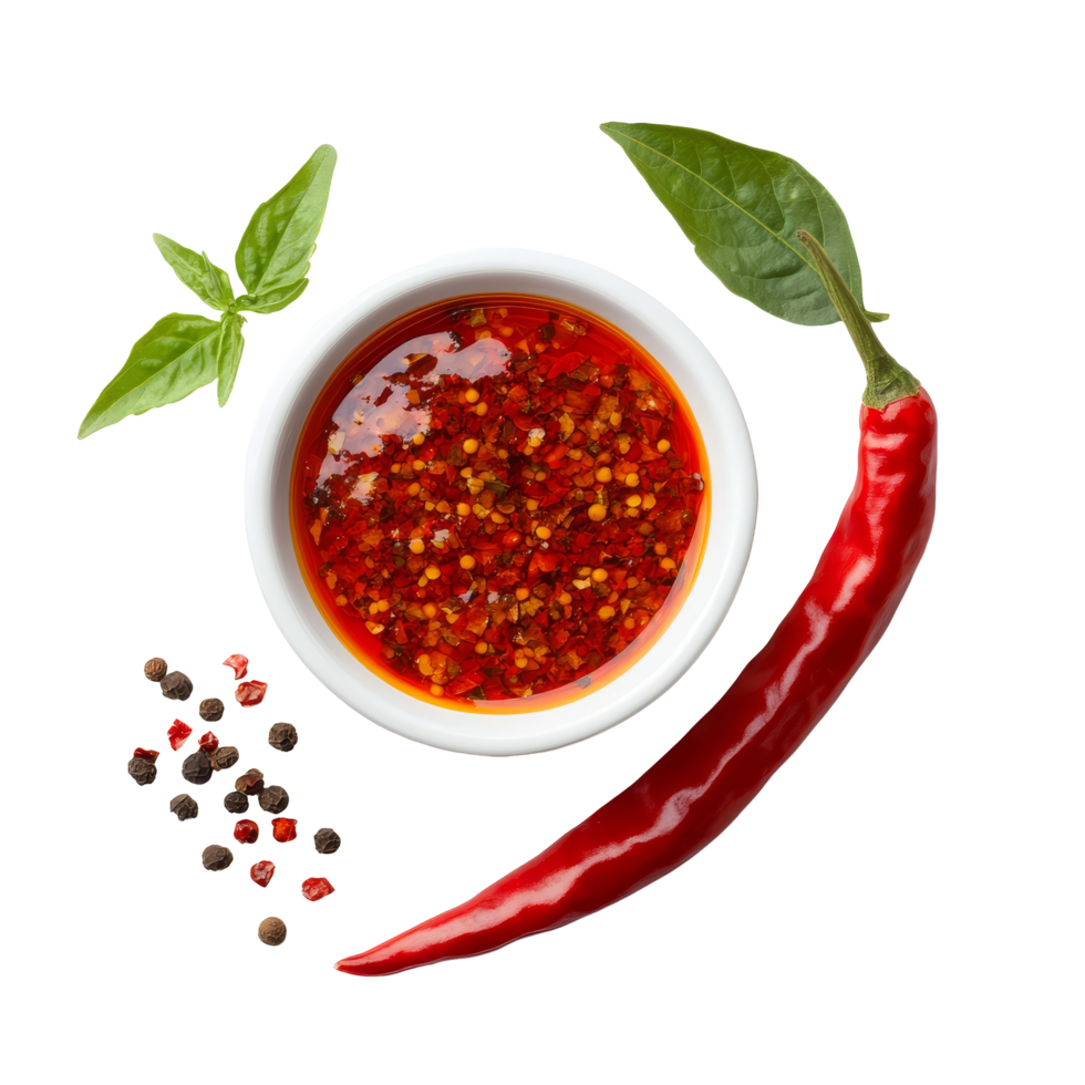 Fresh red pepper and flavorful sauce arranged on a clean transparent background for culinary inspiration, Pepper and sauce isolated on transparent background png