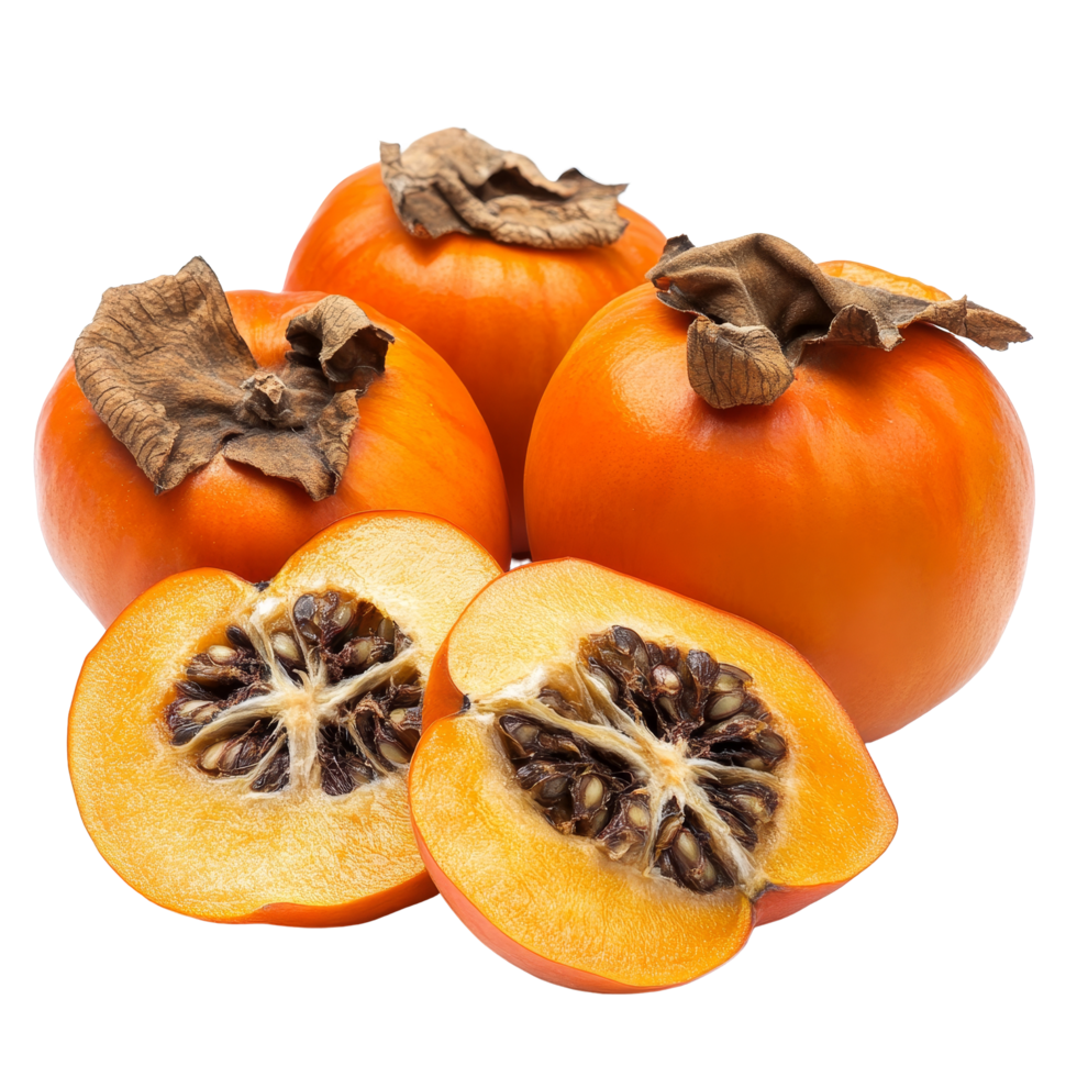 Ripe persimmons isolated on a transparent background with one sliced open to reveal seeds and texture, ripe persimmons and dry isolated on transparent background png
