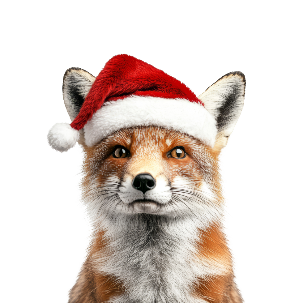 A festive fox wearing a Christmas hat poses cheerfully against a plain transparent background during the holiday season, Fox wearing a christmas hat on transparent background png