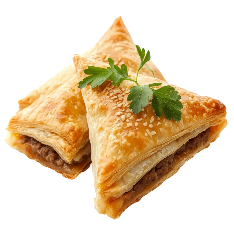 Delicious isolated oriental puff pastry filled with savory meat samsa, perfect for a gourmet snack or appetizer, Isolated orinetal puff pie with meat samsa png