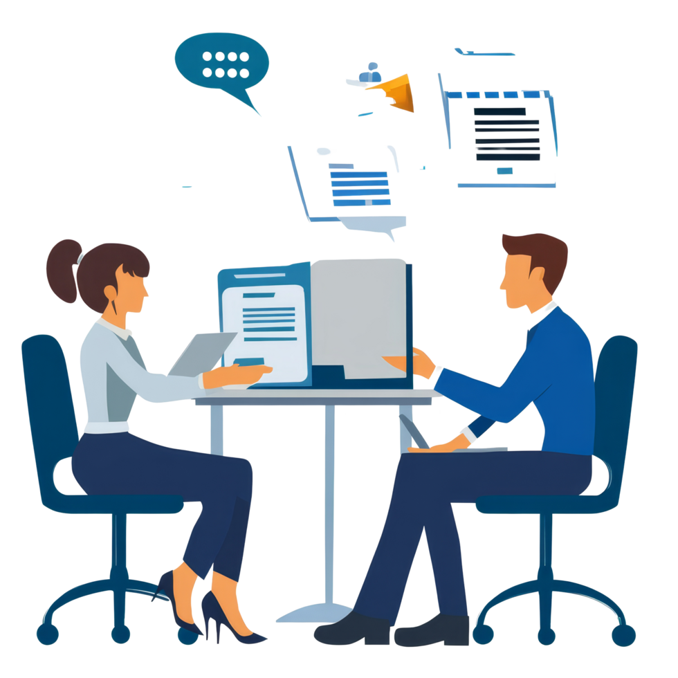 Business professionals engaged in a productive conversation during a meeting at a modern office space, file no background Business people talking together online png