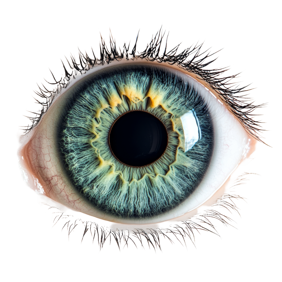 Detailed view of an eye pupil showcasing intricate patterns and structures against a transparent background, eye pupil isolated transparent background png