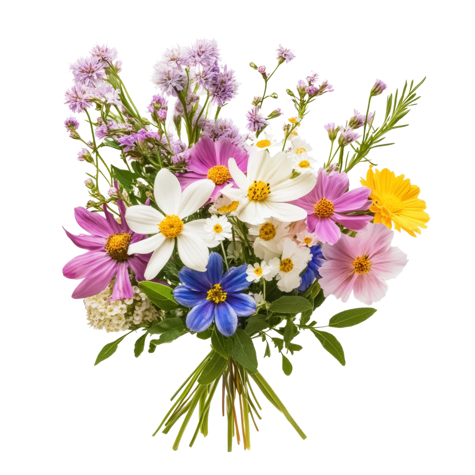 Vibrant bouquet of assorted wildflowers against a clean transparent background, bouquet flower, isolated transparent background png