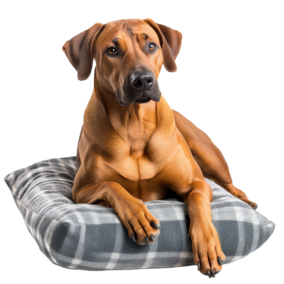 Rhodesian Ridgeback dog relaxing peacefully on a soft cushion in bright indoor setting, Rhodesian Ridgeback Dog Relaxing on Cushion Isolated on transparent background png