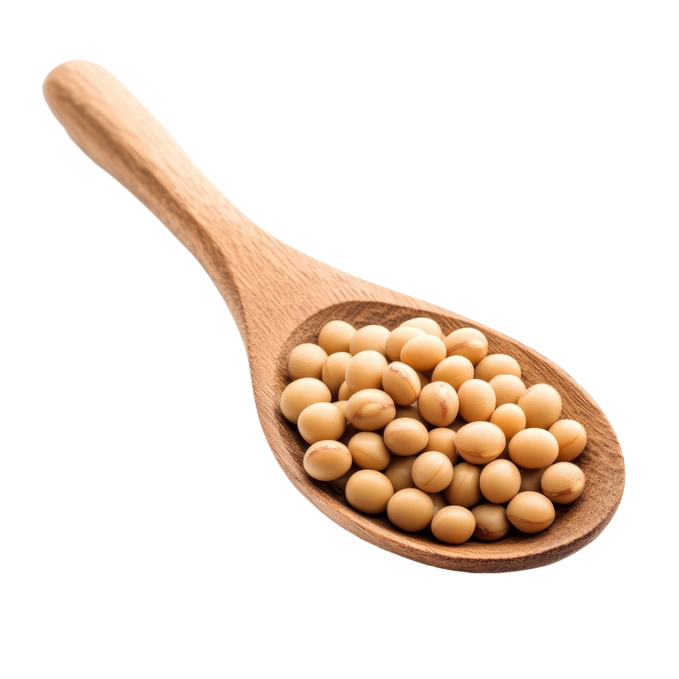 Soybeans in a wooden spoon against a transparent background showcasing their natural color and texture, Soy beans in wood spoon isolated on transparent background png