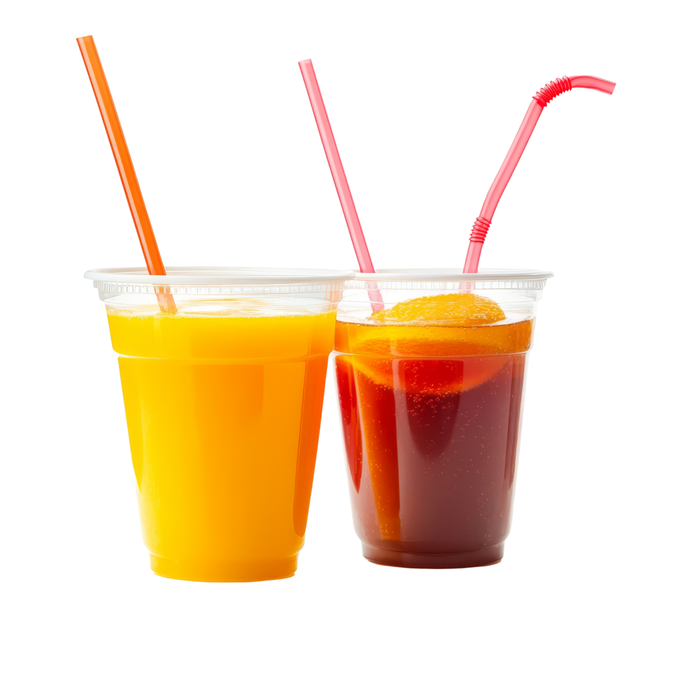 Refreshing orange and red fruit juices served in clear plastic cups perfect for summer gatherings, Refreshing Orange and Red Fruit Juices in Plastic Cups with Straws Isolated on transparent background png