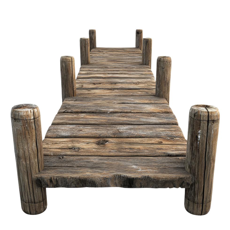 Wooden pier extending into the empty space, showcasing rustic charm on a clean transparent background, Wooden Pier Isolated on transparent background png