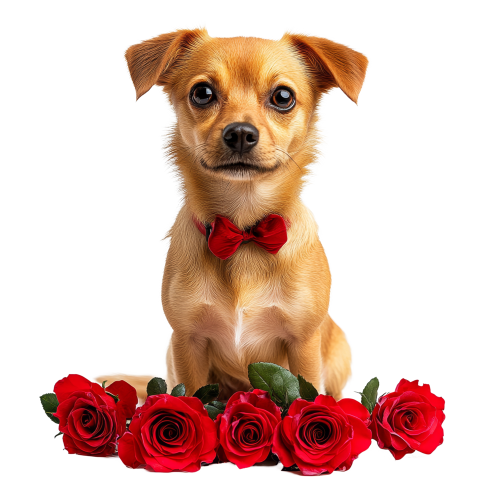 A charming dog in a red bow tie sits amid vibrant red roses against a transparent background, creating a delightful and heartwarming scene, Cute Dog with Red Roses on transparent background png