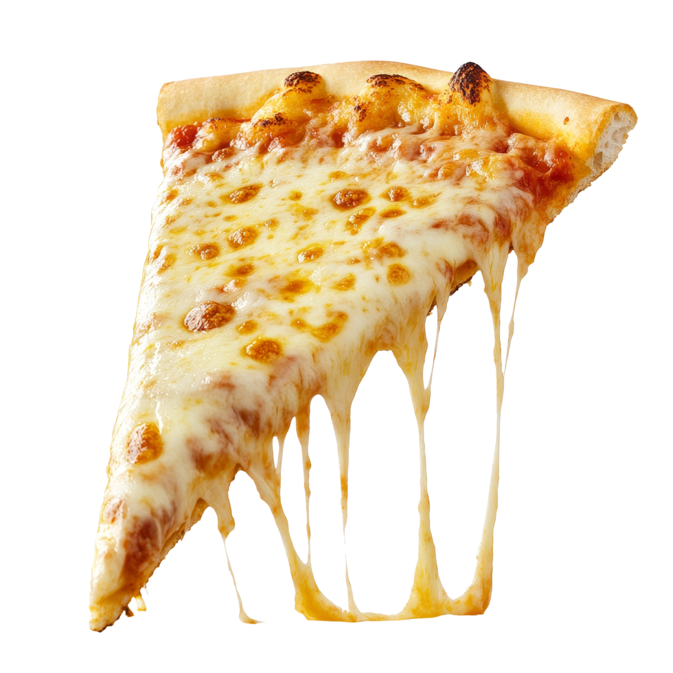 Delicious slice of cheesy pizza with stretchy cheese isolated on a transparent background, a slice of pizza with stretchy cheeseisolated transparent background png
