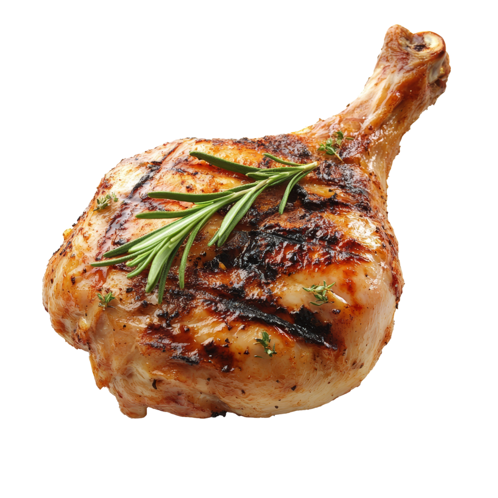 Deliciously grilled chicken leg garnished with fresh herbs on a pristine transparent background, tasty grilled chicken leg transparent background png