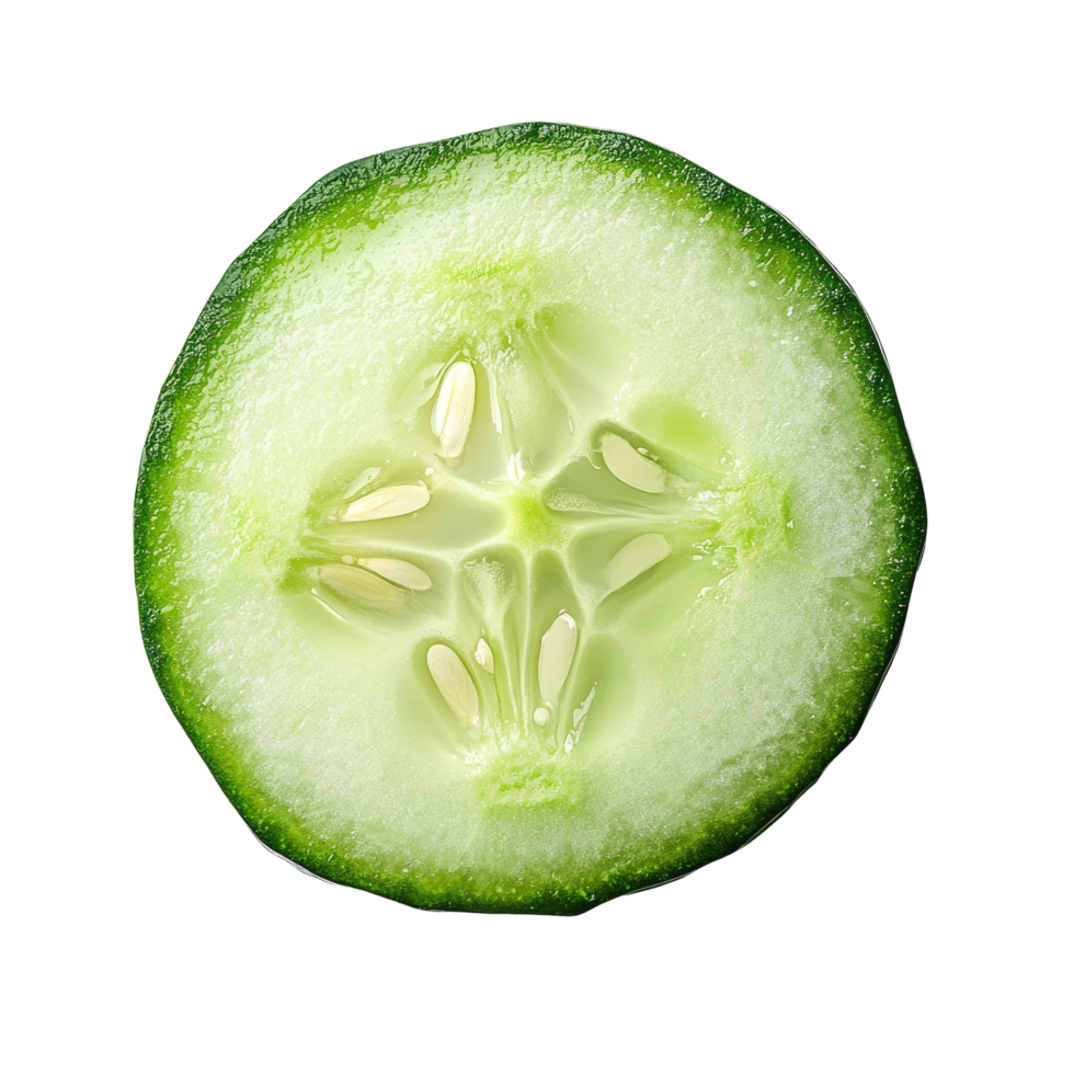 Fresh cucumber slice isolated on a clean transparent background showcasing its vibrant green color and unique texture, Fresh slice cucumber isolated on transparent background png