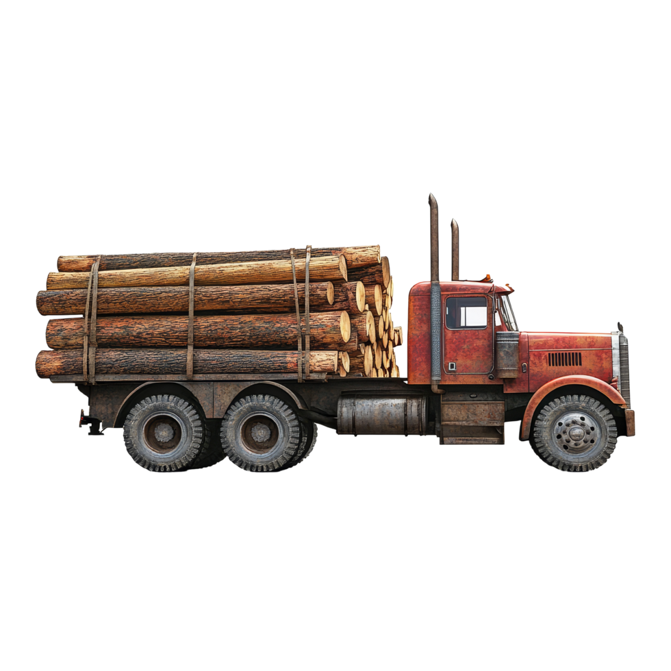 Side view of a logging truck loaded with logs ready for transport in a forested area, Side View of Logging Truck, Loaded with Logs, Isolated on transparent background Background png