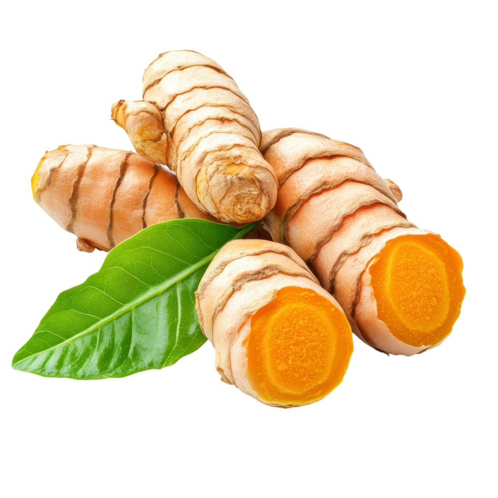 Fresh turmeric roots with green leaf isolated on a clean transparent background showcasing their vibrant color and texture, turmeric with leaf isolated on transparent background png