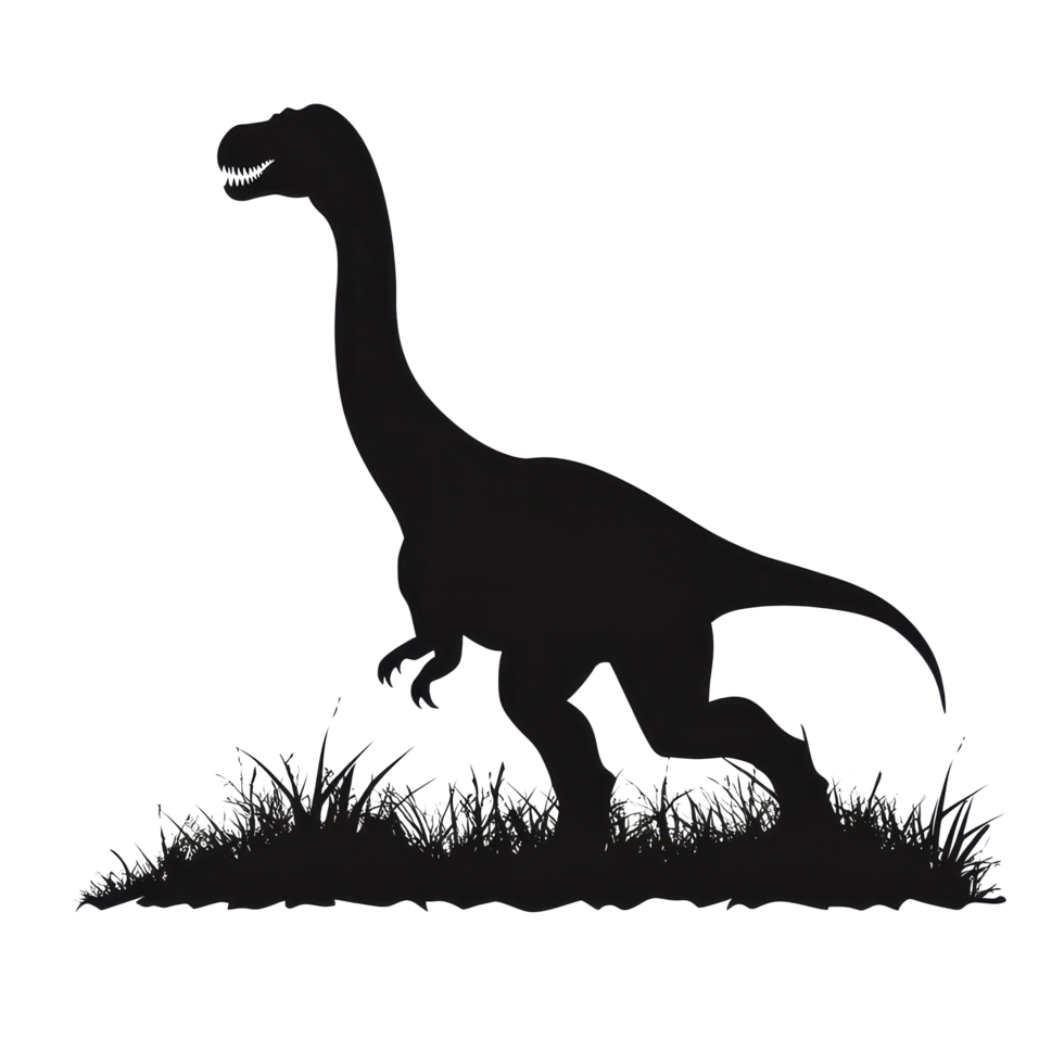 Dinosaur silhouette running through grass on a clean transparent background showcasing ancient life, dinosaur silhouette on transparent background png