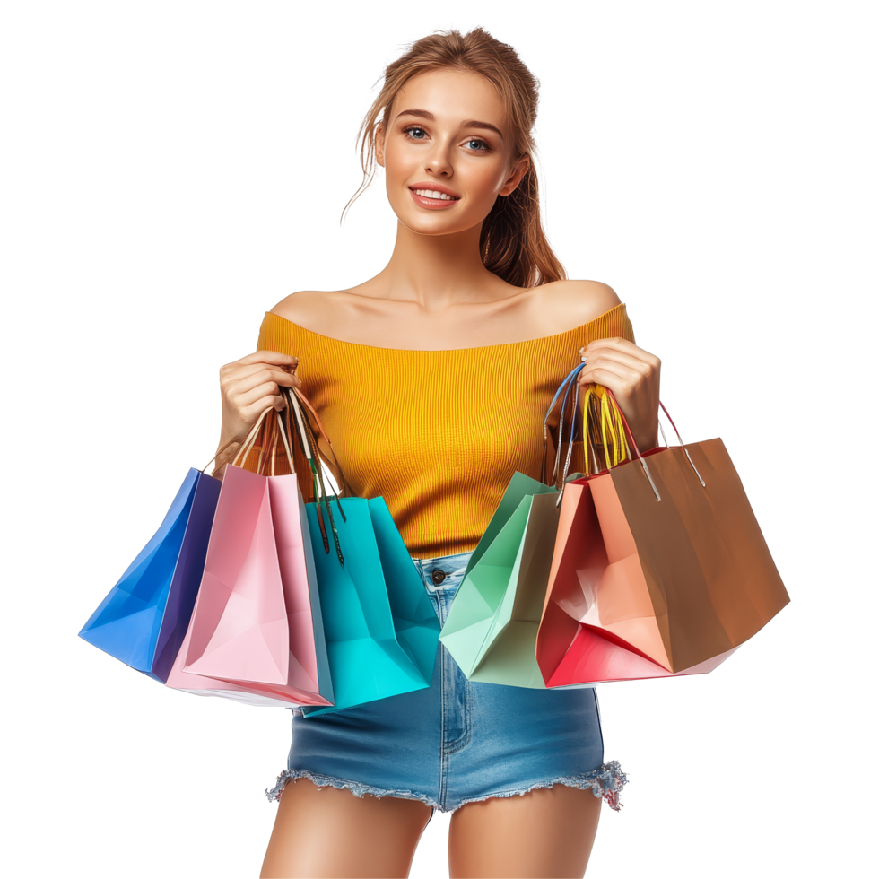 Happy young woman shopping with colorful bags in a bright setting during the daytime, file no background Happy young woman shopping online png