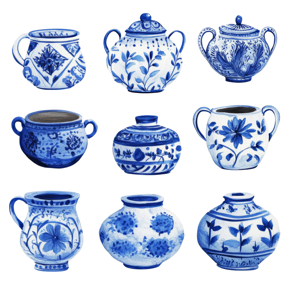 A beautiful collection of blue and transparent Talavera pottery pots displayed together in an artistic arrangement, blue and transparent talavera pottery pot illustration isolated on transparent png
