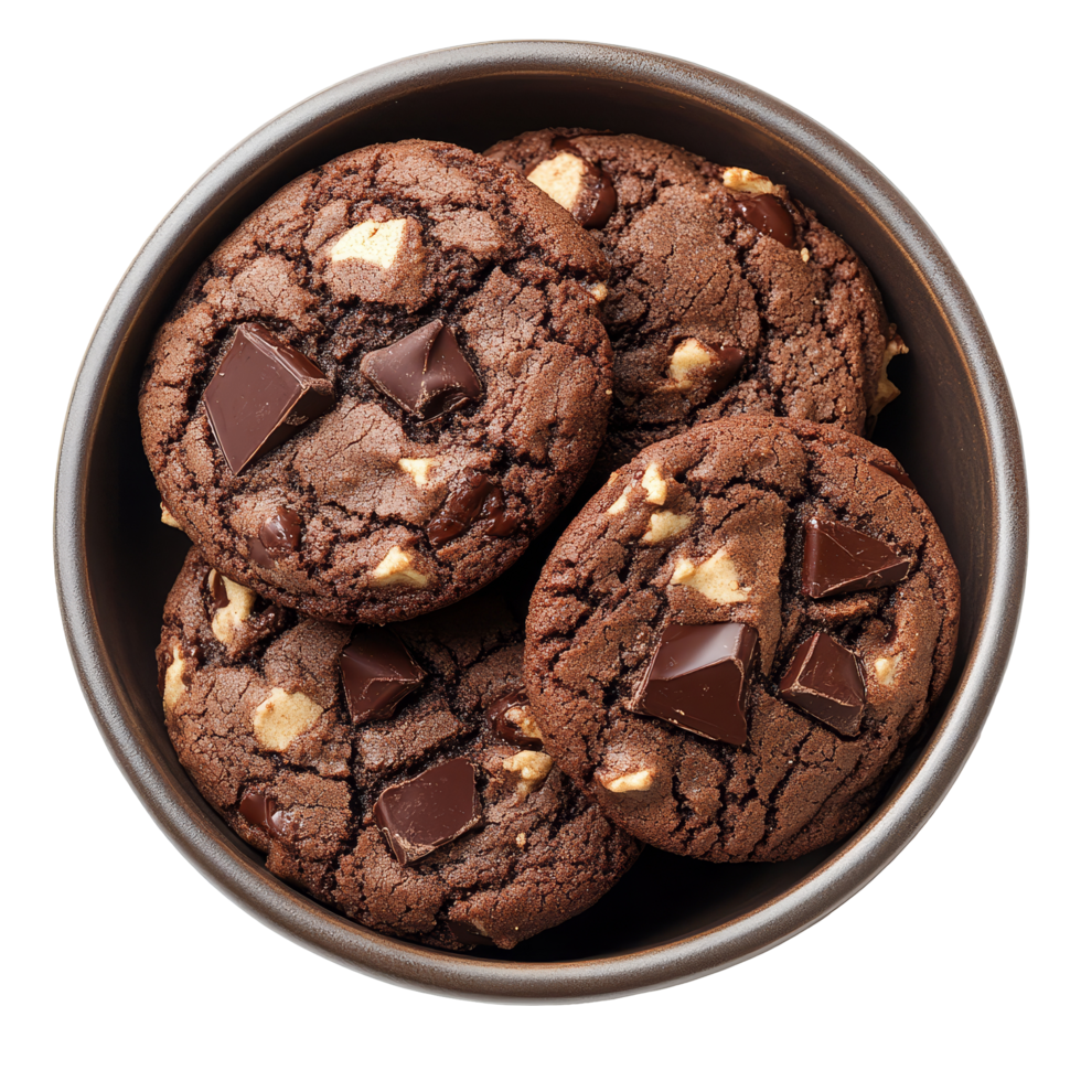 Top view of a rustic bowl filled with freshly baked chocolate cookies on a clean transparent background, Top view of a bowl of chocolate cookie on transparent background png