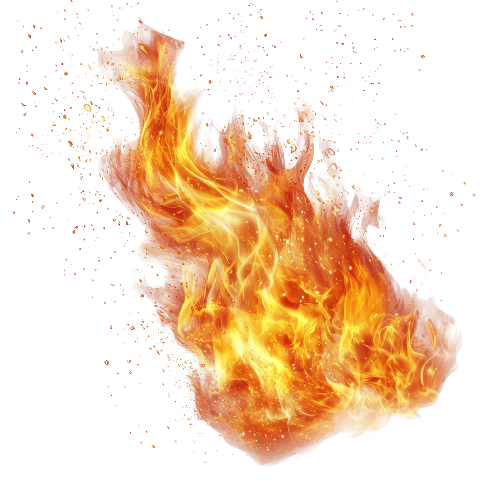 Realistic fire flame effect dancing on a transparent background with sparks and glowing embers, Realistic fire flame effect transparent background. Fire flame transparent background png