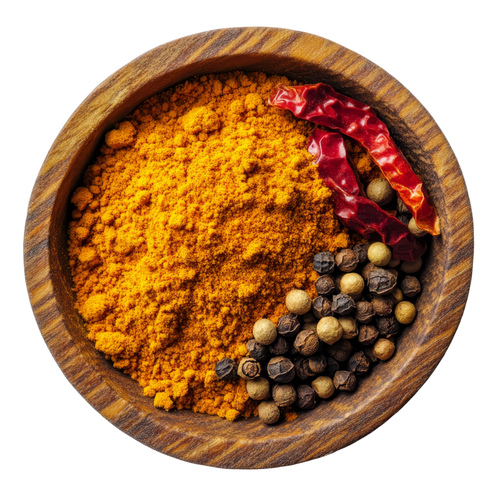 A wooden bowl filled with crushed red chili pepper, turmeric powder, and peppercorn, showcasing vibrant spices, Crushed red chili pepper Turmeric powder Peppercorn in wood bowl on transparent png