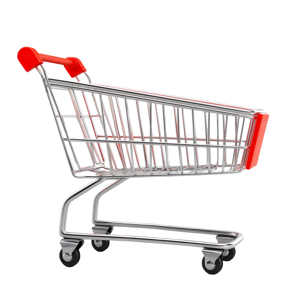 Empty shopping cart viewed from the side, isolated on a transparent background for retail and commercial use, Side view empty shopping cart. 3D render isolated on transparent background. png