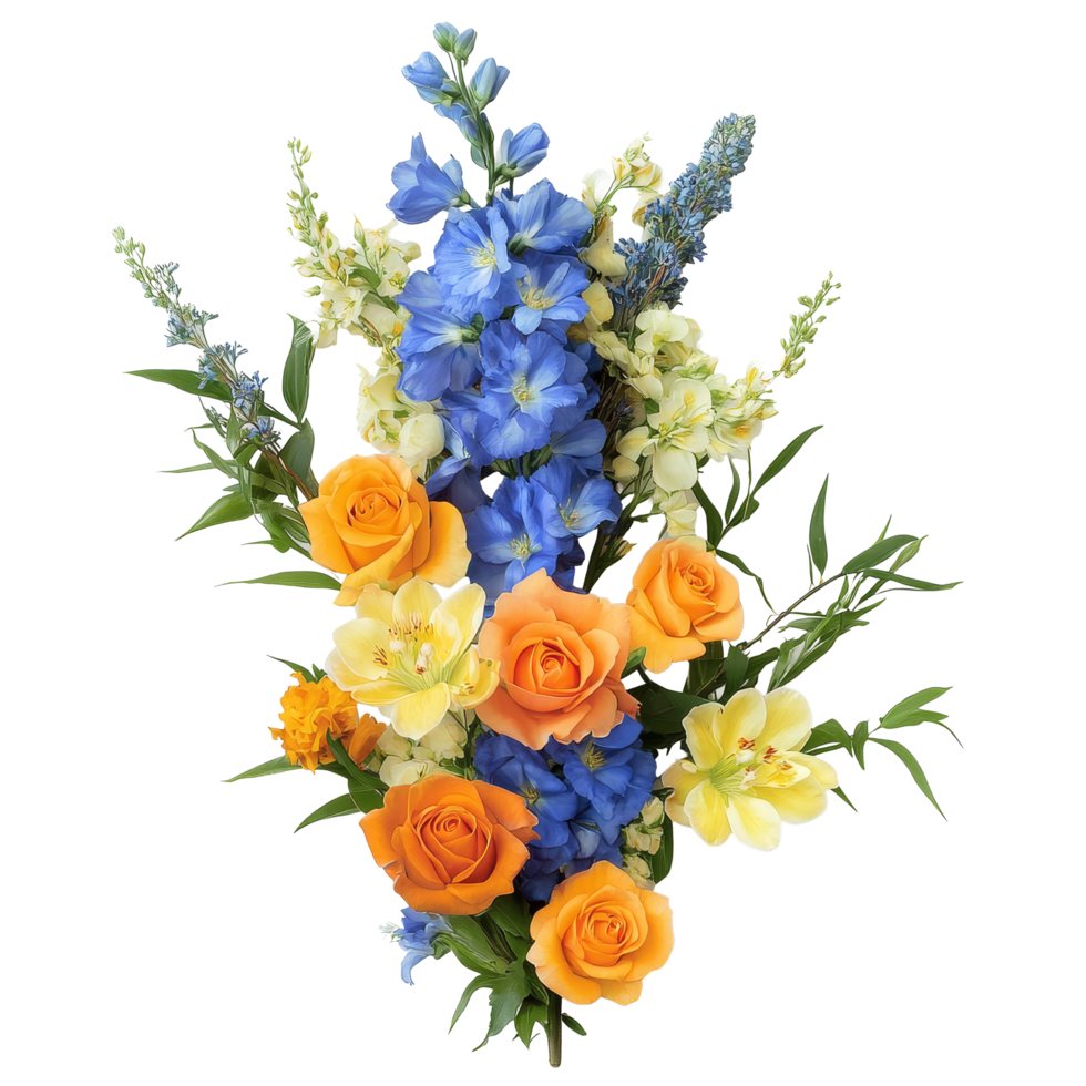 Elegant arrangement of blue delphiniums paired with apricot orange roses in a spring bouquet, Blue Delphiniums complemented by Apricot Orange Roses and Lemon Yellow Freesias transparent background png