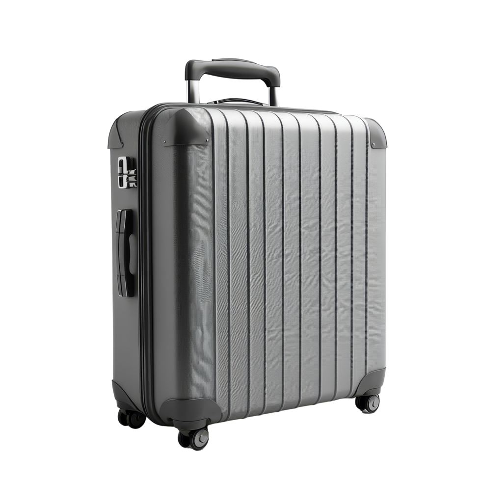 Stylish gray travel suitcase ready for adventure, perfect for your next trip or getaway, big gray travel suitcase, file of isolated object with shadow on transparent background png
