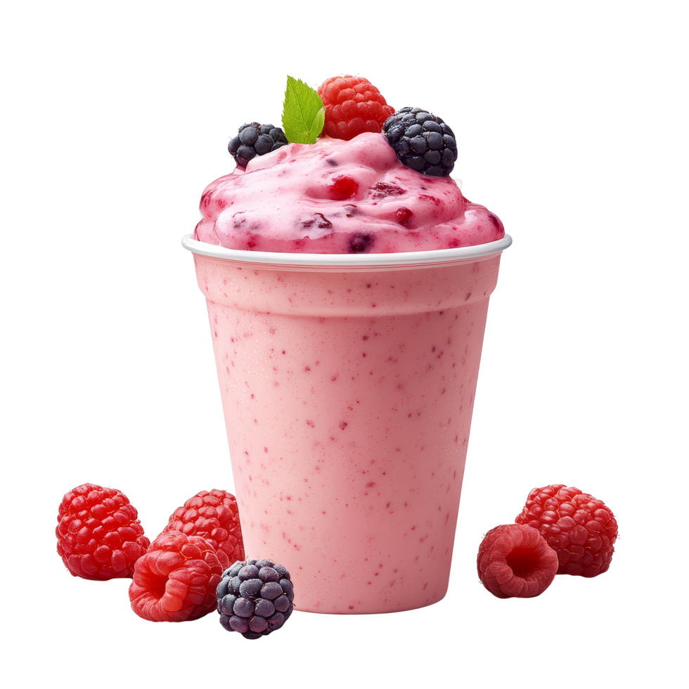 Refreshing mixed berries yogurt drink served in a cup, perfect for a summer treat or healthy snack option, Mixed berries yogurt drink isolated png