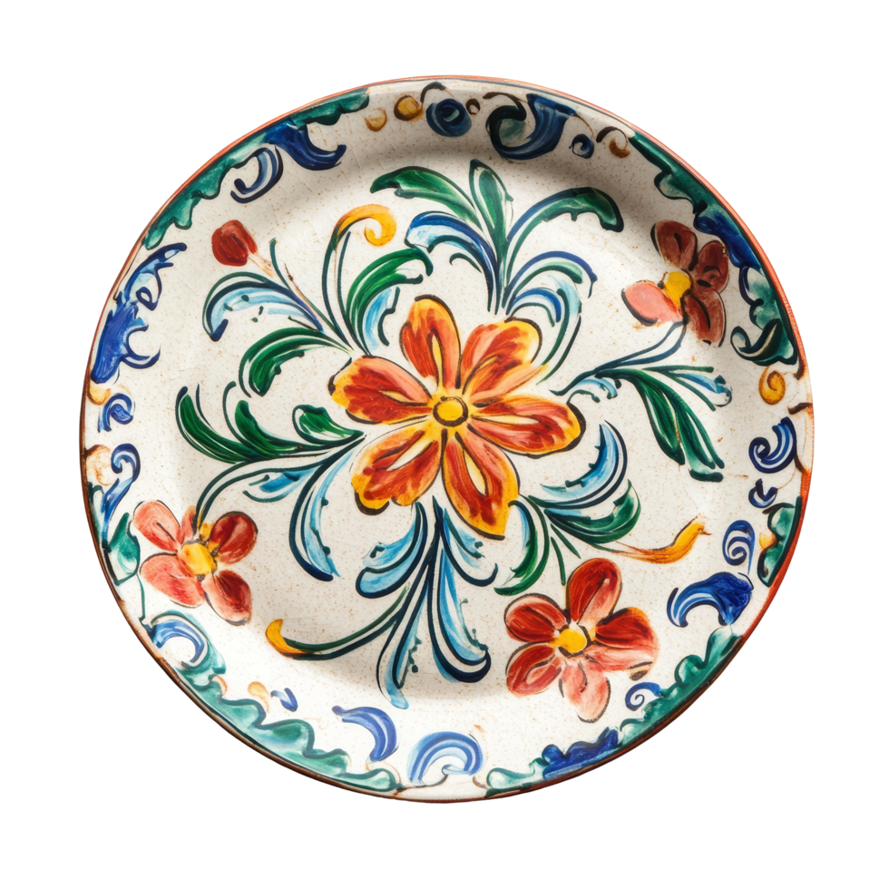 Handcrafted ceramic plate with colorful floral design on a transparent background showcasing artistic craftsmanship and vibrant colors, ceramic plate on transparent background png