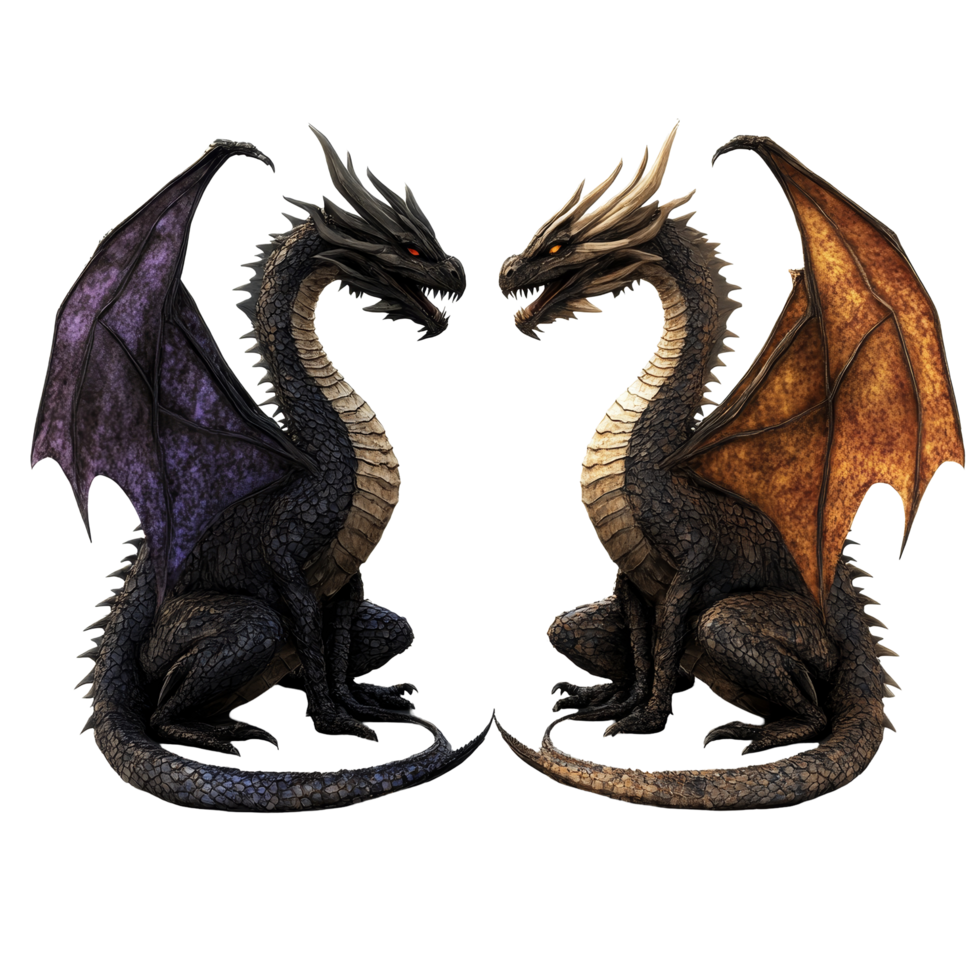 Fantasy dragons with distinct wings and features positioned on a transparent background, showcasing mythical beauty, Fantasy Dragons Isolated on transparent background png