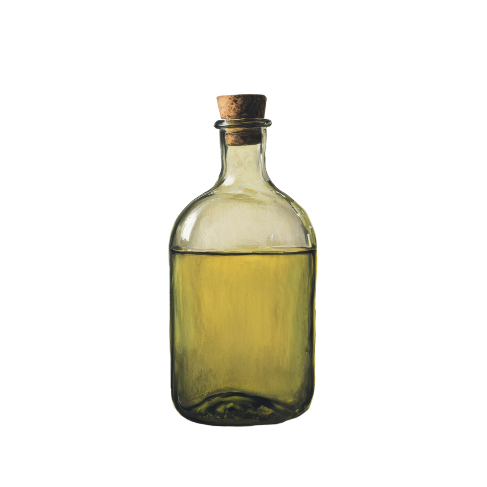 Stylish oil bottle with cork stopper resting on a clean transparent background, Oil bottle on transparent background png