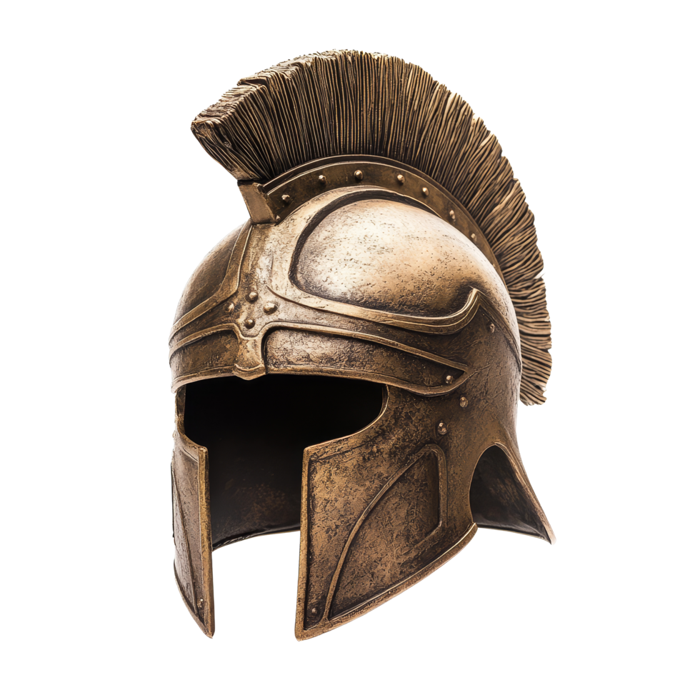 Detailed depiction of a gladiator helmet showcasing craftsmanship on a clean transparent background, gladiator helmet isolated on transparent background png