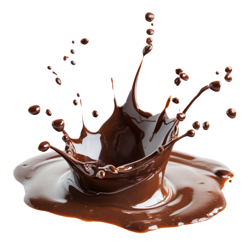 A delicious splash of rich chocolate creating a dynamic pattern isolated on a transparent surface for culinary and creative uses, Chocolate Splash Isolated on transparent background png