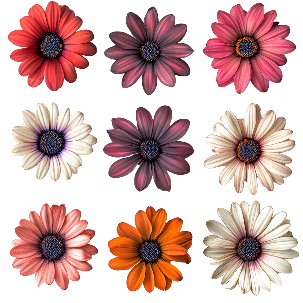 Vibrant display of various African daisies showcasing unique colors and patterns from a top view perspective, various african daisy single flower top view and with isolated on transparent background png