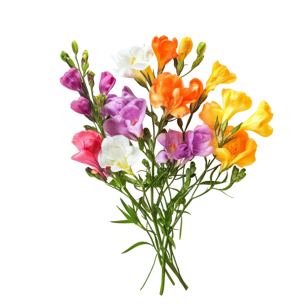 A vibrant bouquet of multicolored freesia flowers on a clean transparent background, Bouquet of freesia flowers, isolated on transparent background png