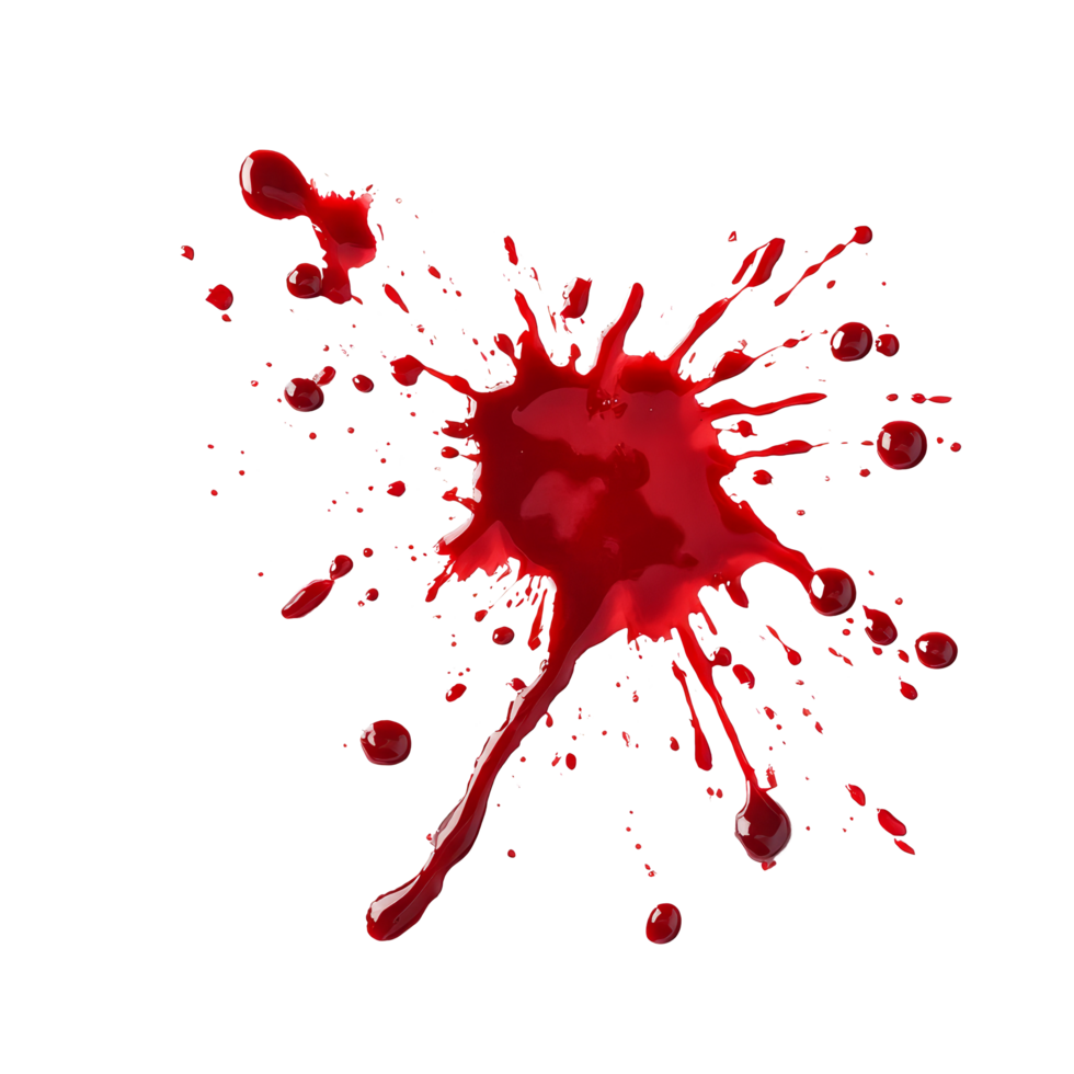Isolated blood splatter on a transparent background showcasing vibrant red tones and dynamic shapes, Blood Splatter Isolated on transparent background png