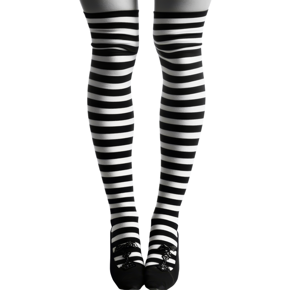 A womans legs in long striped black and transparent stockings showcasing style and elegance in a minimalist setting, Women legs in striped black and transparent stockings, long socks isolated on png