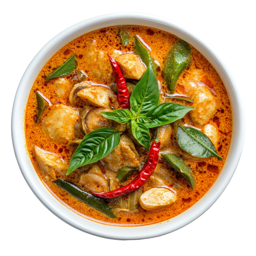 Delicious Panaeng curry with chicken and fresh basil served in a transparent bowl, Panaeng curry is a type of Thai curry on transparent background png