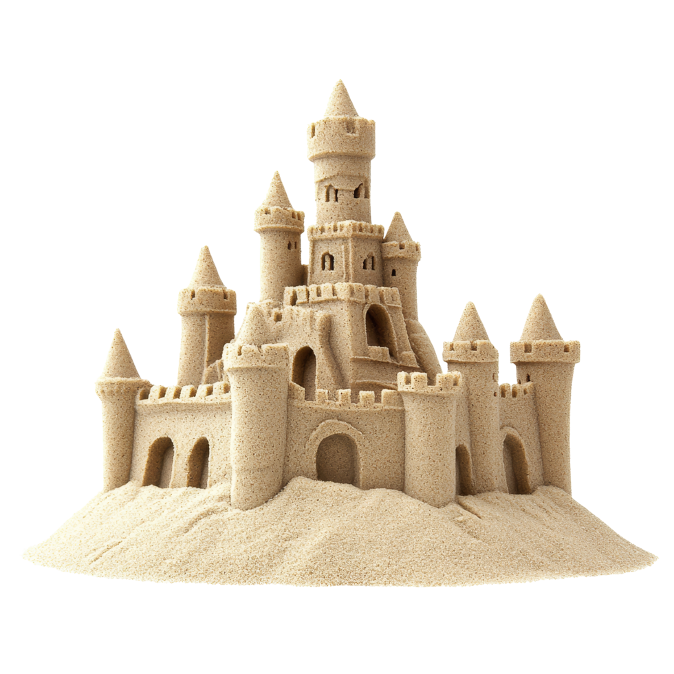A beautifully crafted sandcastle stands tall against a stark transparent background evoking beach memories, Beach sandcastle isolated on transparent background png