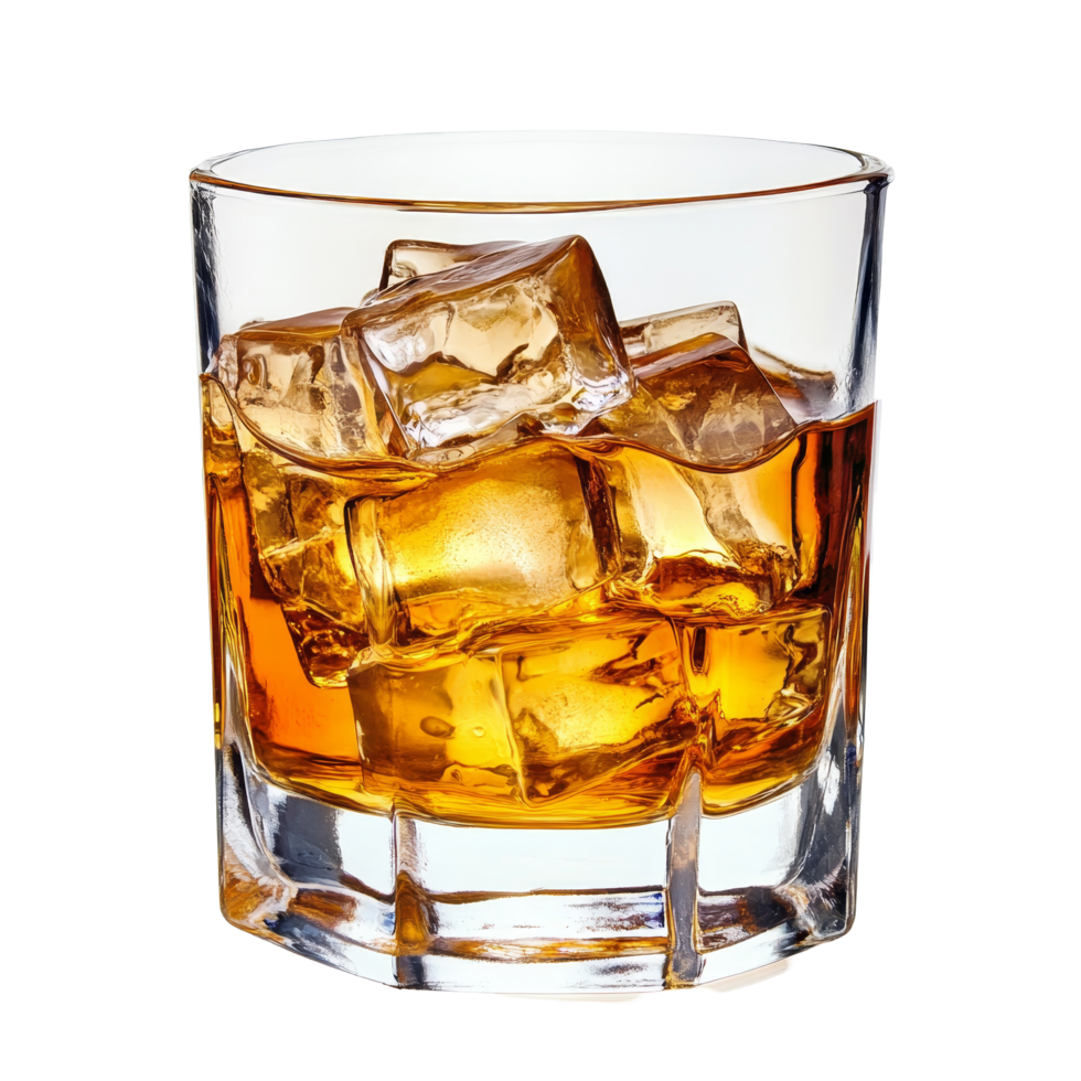 Enjoying a glass of whiskey over ice against a clean transparent background for a refreshing drink experience, glass of whiskey with ice transparent background png